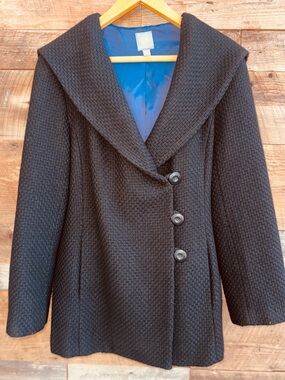 J. Jill Black Basketweave Wool Blend Hooded Coat Jacket Purple Lined Size Large